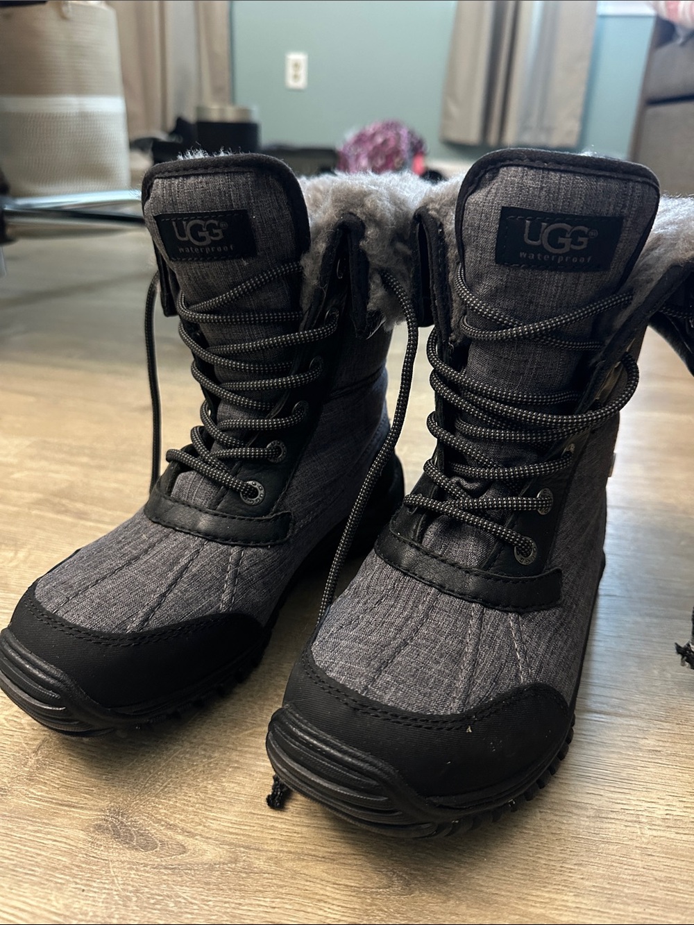 UGG Gray Waterproof Lace-Up Winter Boots with Shearling Cuff